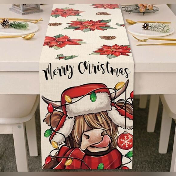 Merry Christmas Highland Cow Poinsettia Table Runner - Picture 1 of 5